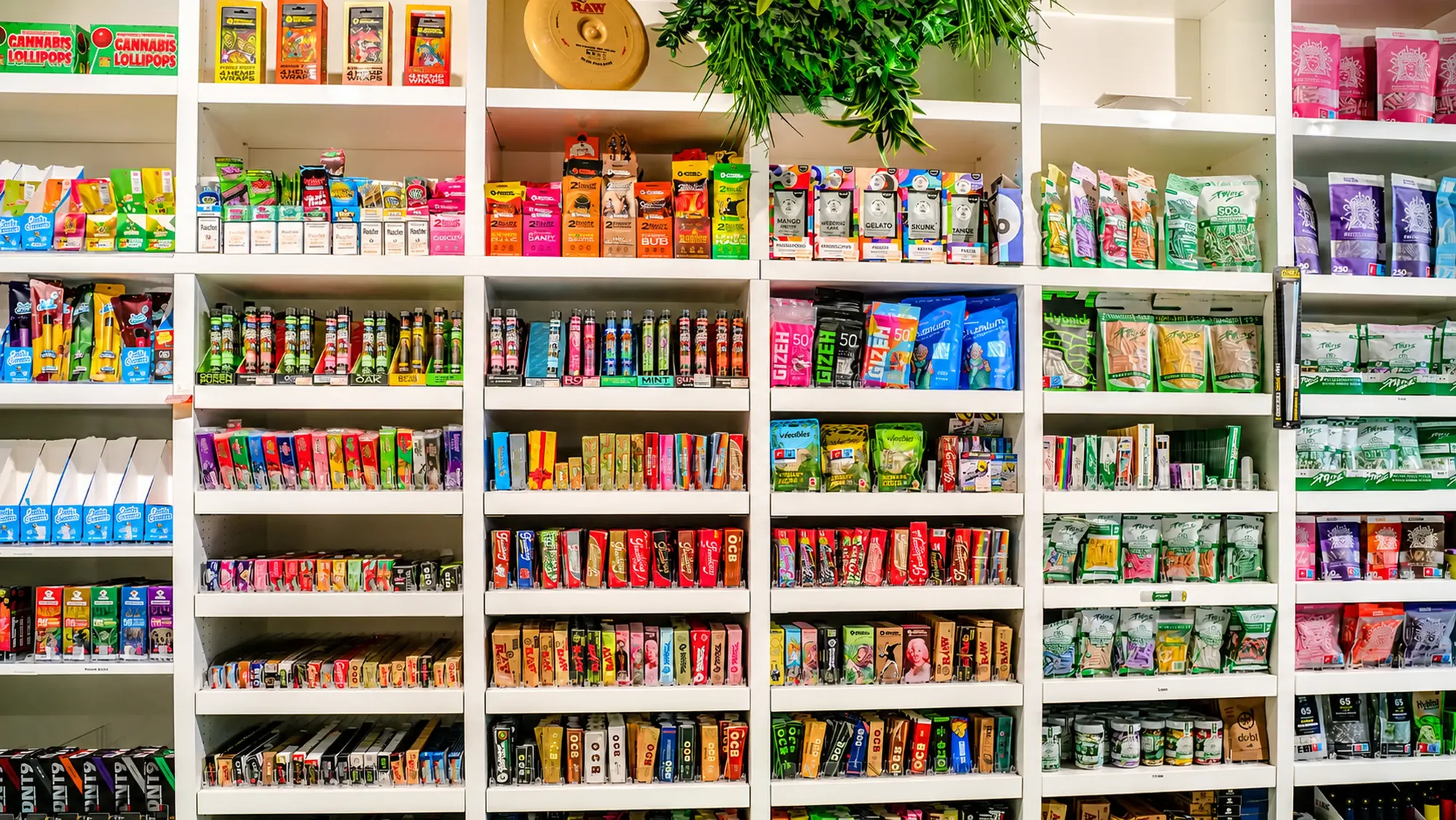 Regalwand mit Papers, Filtertips und Blunts im The Jungle Headshop Köln