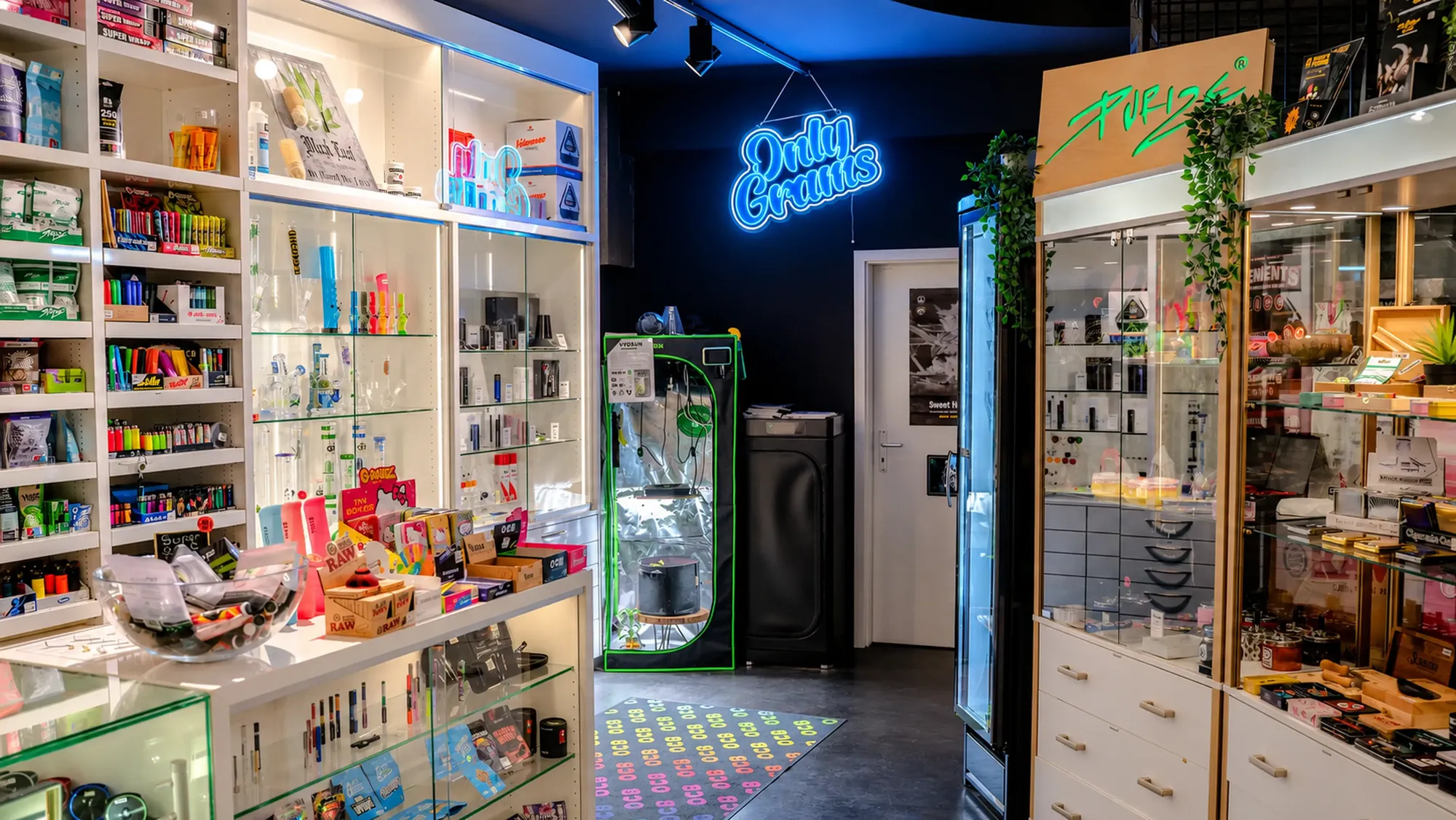 Eingang zum The Jungle Headshop im SmokeFactory-Laden am Neumarkt — blaues Neon, Glasvitrinen und Regale