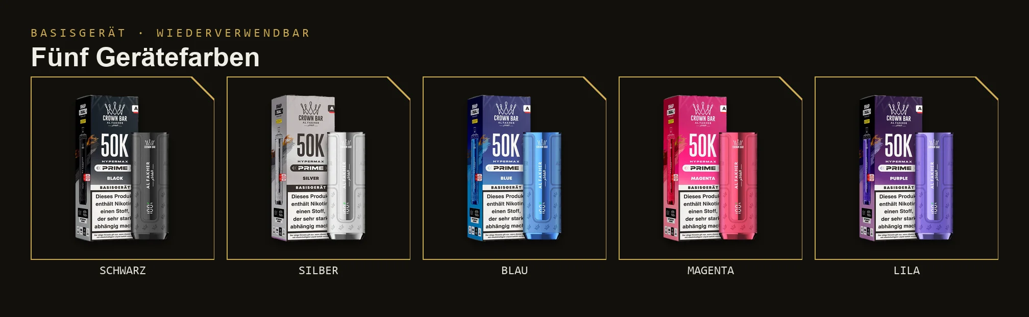 Al Fakher 50K Hypermax Prime Basisgerät in fünf Farben: Schwarz, Silber, Blau, Magenta und Lila