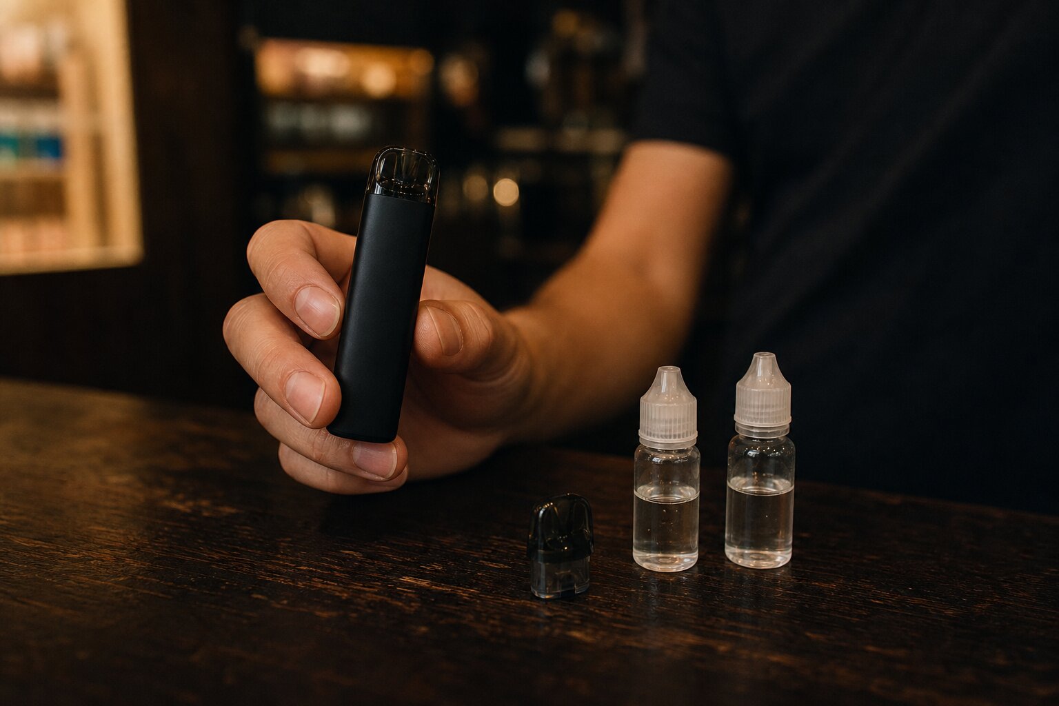 Hand präsentiert ein kompaktes Pod-System über dem Ladentresen, daneben zwei Liquid-Flaschen und ein Ersatz-Pod