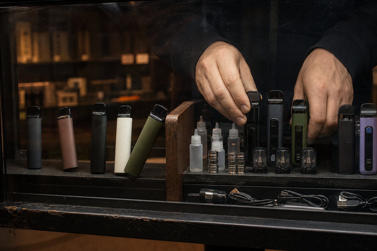 Einweg-Vape neben wiederbefüllbarem Pod-System auf dem Tresen – Rechtslage und Alternativen