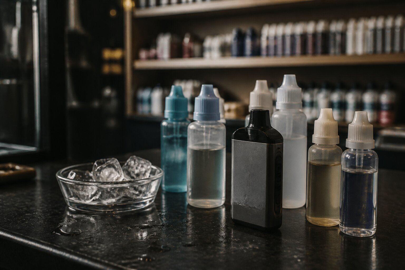 Liquidflasche mit frostigem Frucht-Ice-Profil neben Pod-System – Kühleffekt bei Ice-Liquids