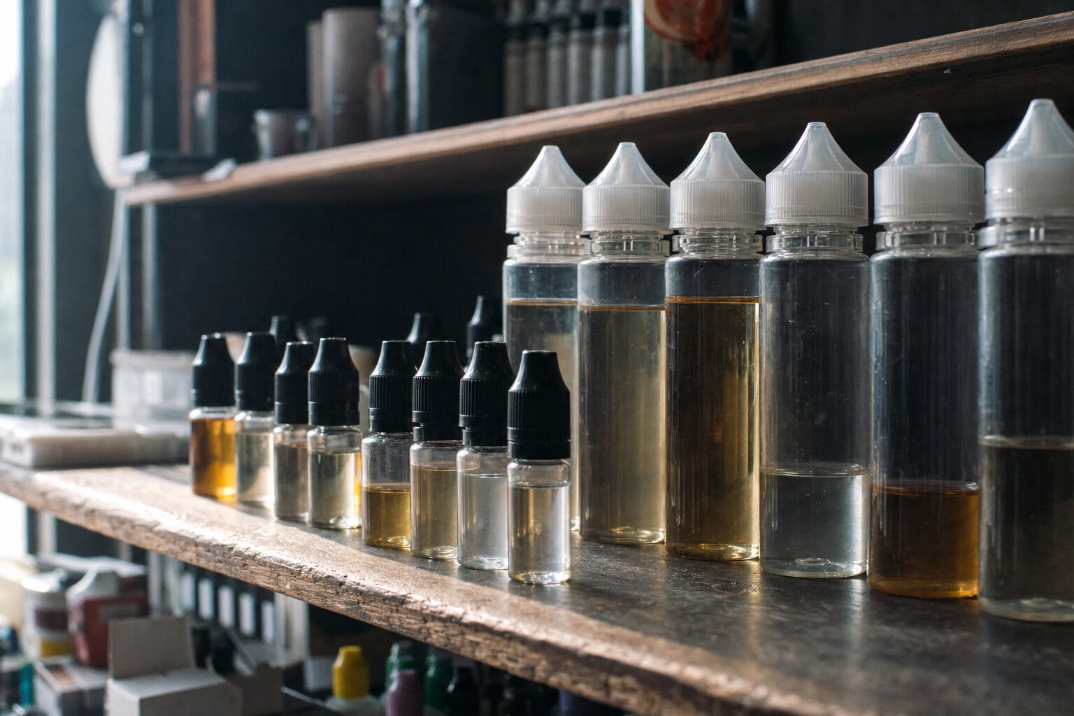 Verschieden große, unbeschriftete Liquid-Flaschen in unterschiedlichen Füllständen auf einem Holzregal im Gegenlicht – kleine Aromafläschchen neben größeren Shortfill-Flaschen
