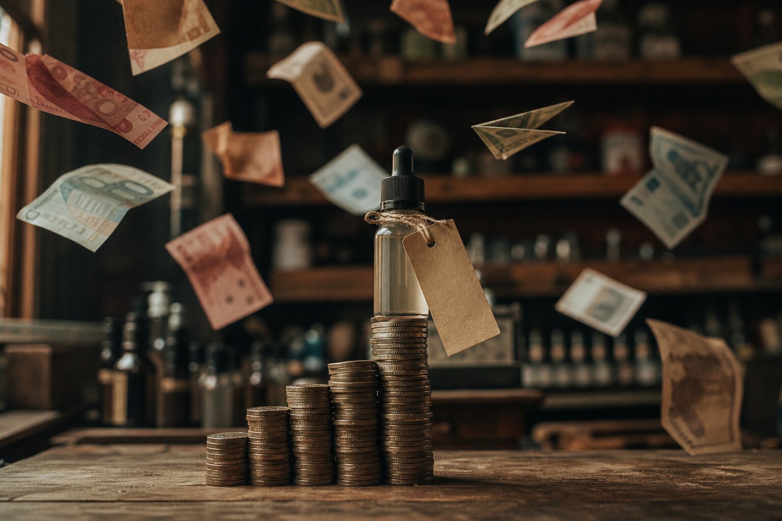 Neutrale Liquid-Flasche mit Blanko-Preisschild auf einer ansteigenden Treppe aus Münzstapeln, umflattert von stilisierten Euro- und Dollar-Scheinen