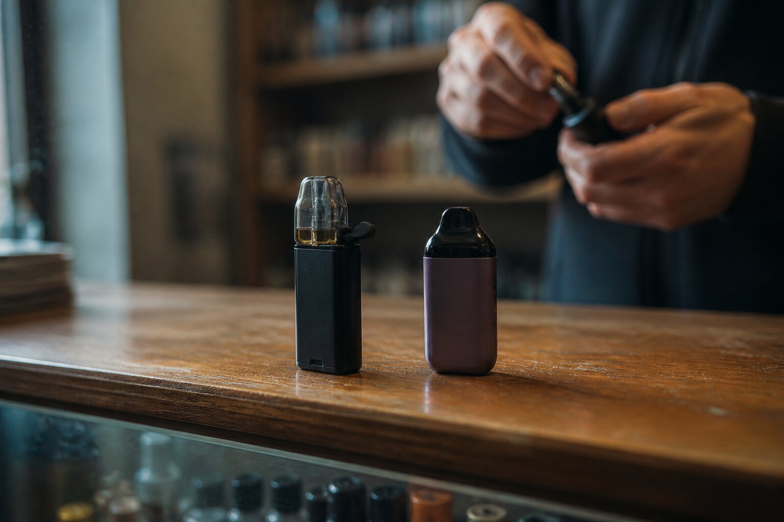 Nachfüllbarer Pod mit Liquidflasche neben versiegeltem Fertig-Pod – zwei Pod-Konzepte im Vergleich