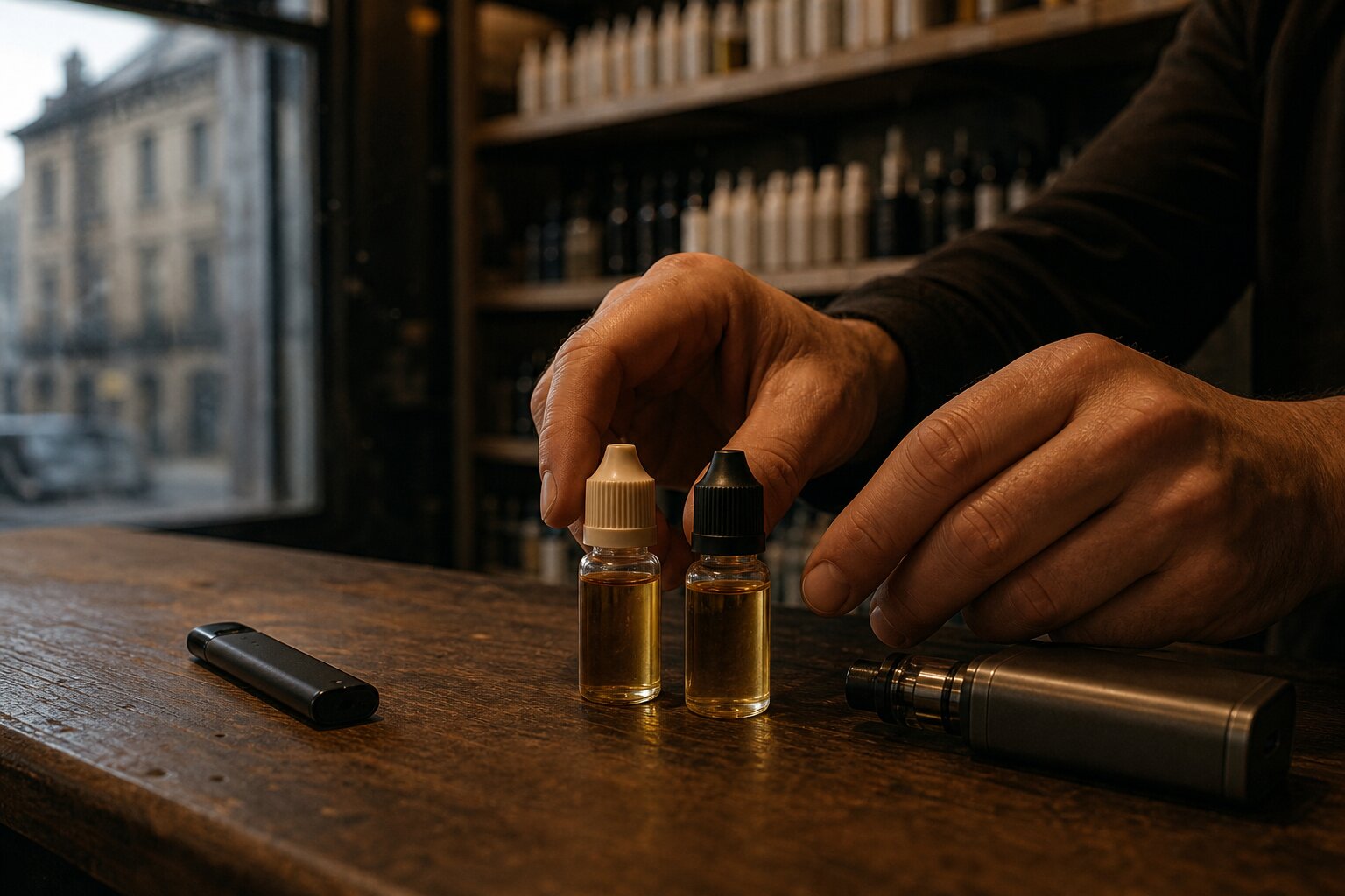 Zwei Liquidflaschen neben kompaktem Pod-System und größerem Verdampfer – Nikotinsalz und Freebase im Vergleich
