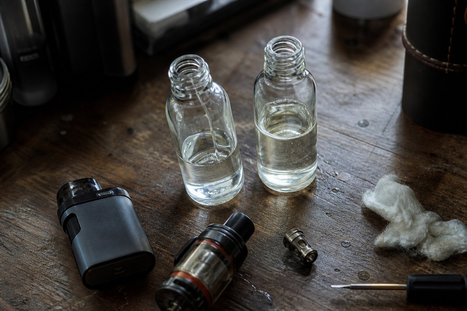 Zwei Basisflaschen mit dünn- und dickflüssigem Liquid neben Verdampfer – PG und VG im Vergleich