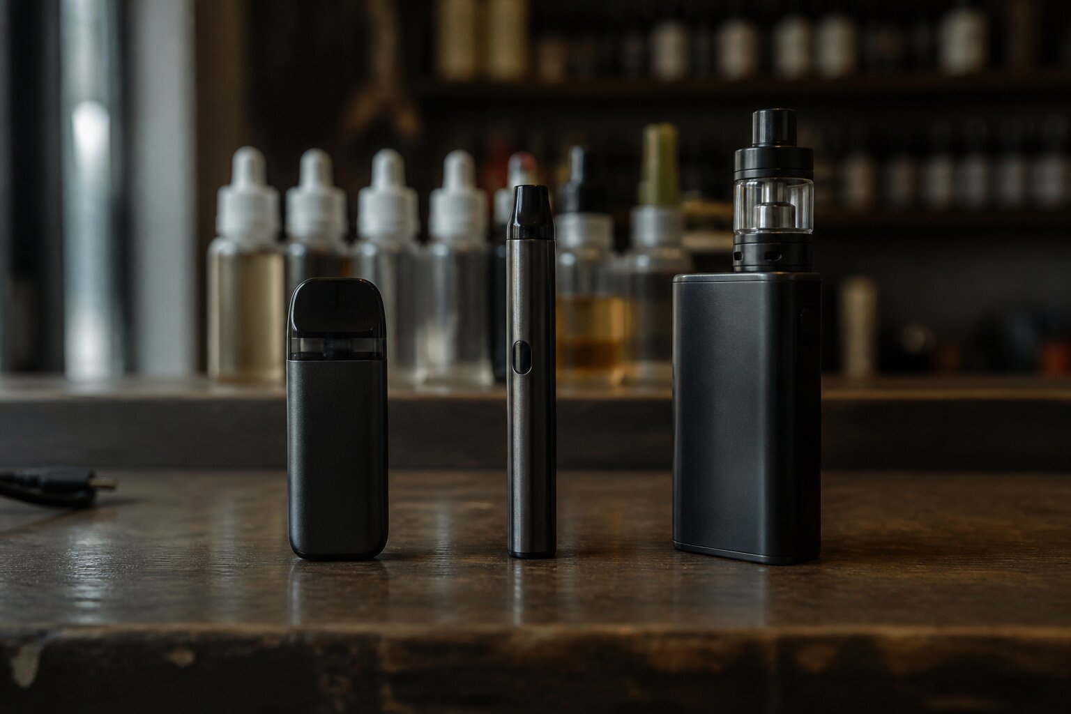 Pod-System, Vape Pen und Box Mod nebeneinander – drei E-Zigaretten-Gerätetypen im Vergleich