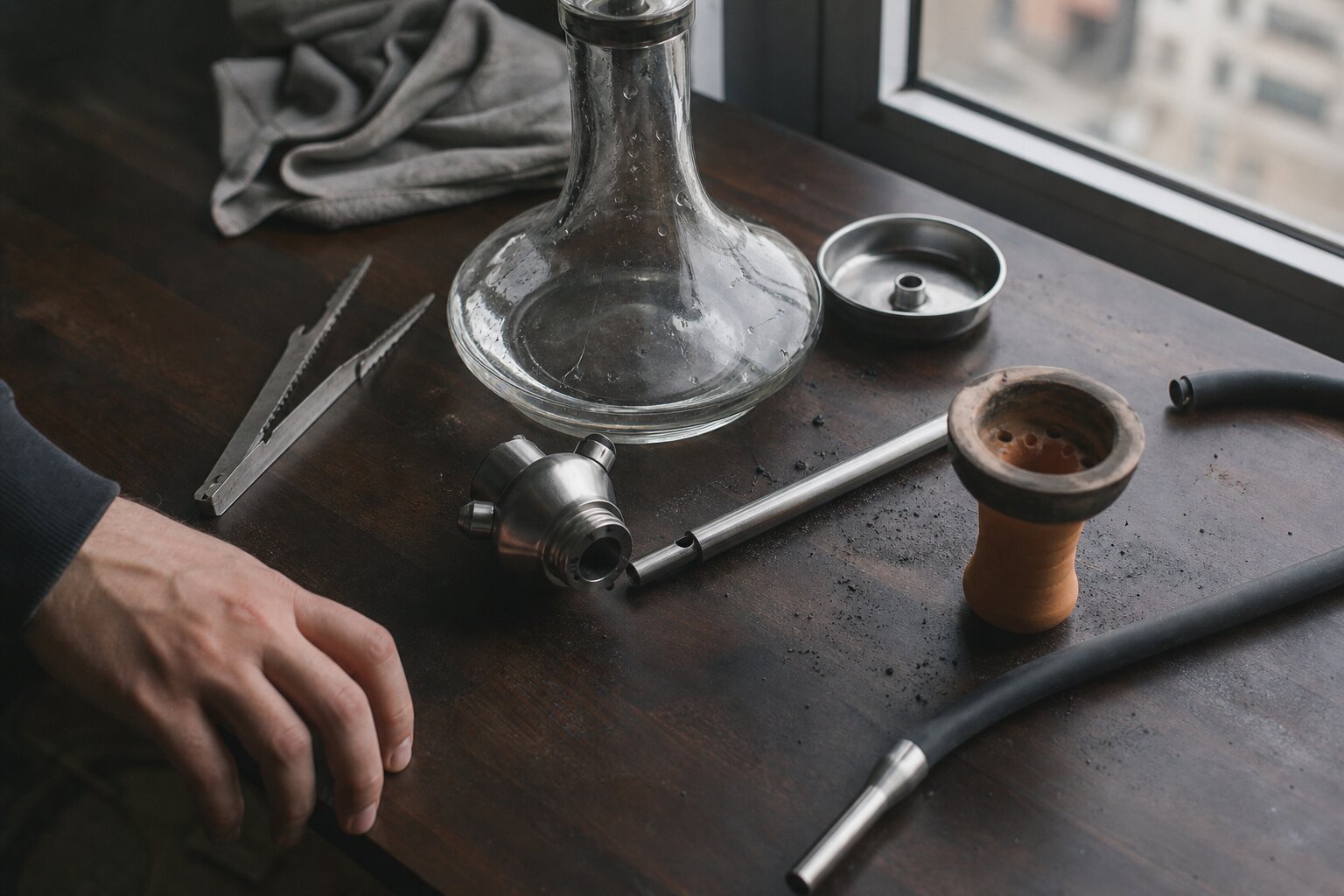 Zerlegte Shisha auf dunkler Holztheke am Fenster: Glasbowl mit Wassertropfen, Metallsäule, Tonkopf, Schlauch und Kohlezange nebeneinander