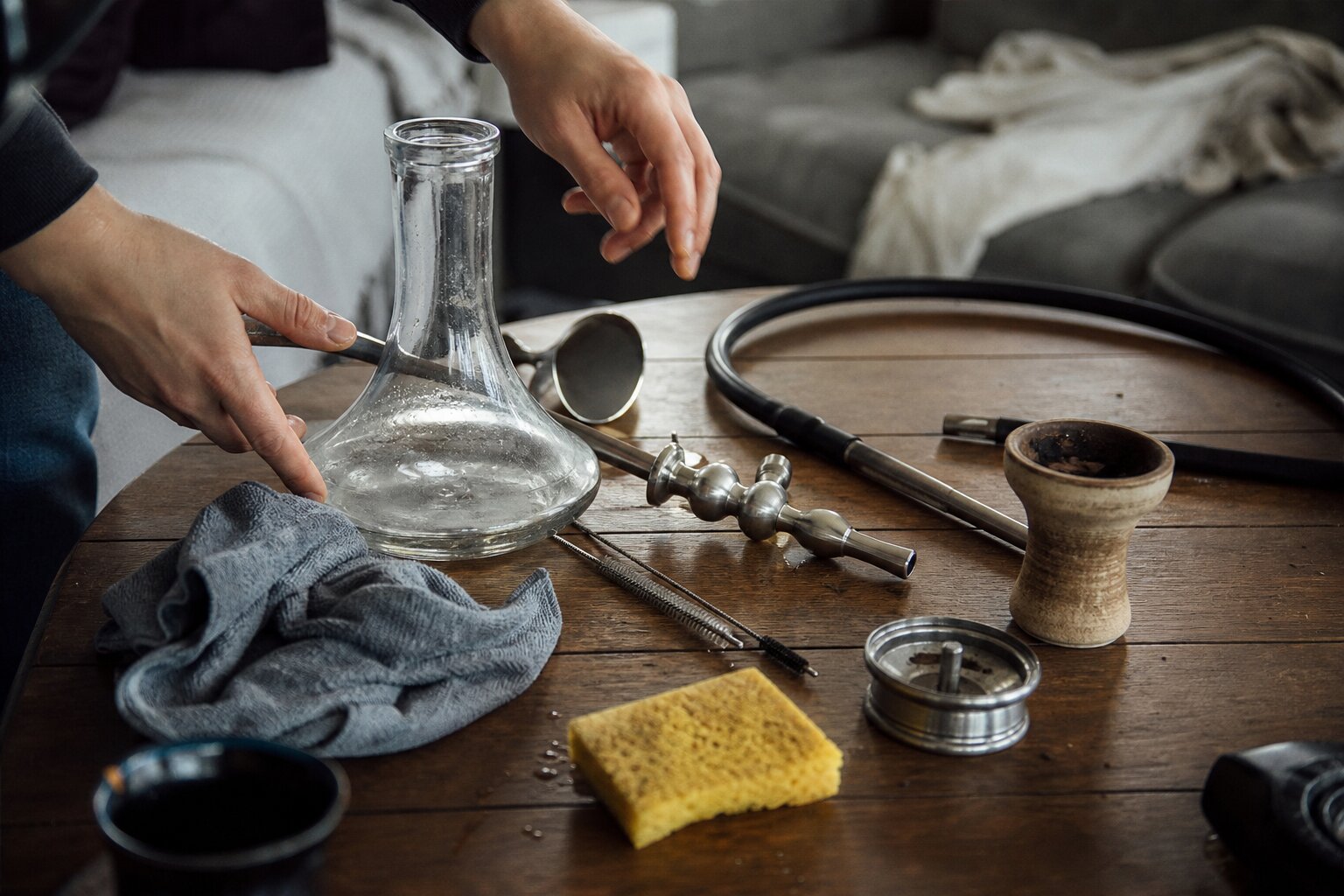 Zerlegte Shisha mit Bowl, Schlauch und Bürste am Spülbecken – Reinigungsroutine in 15 Minuten