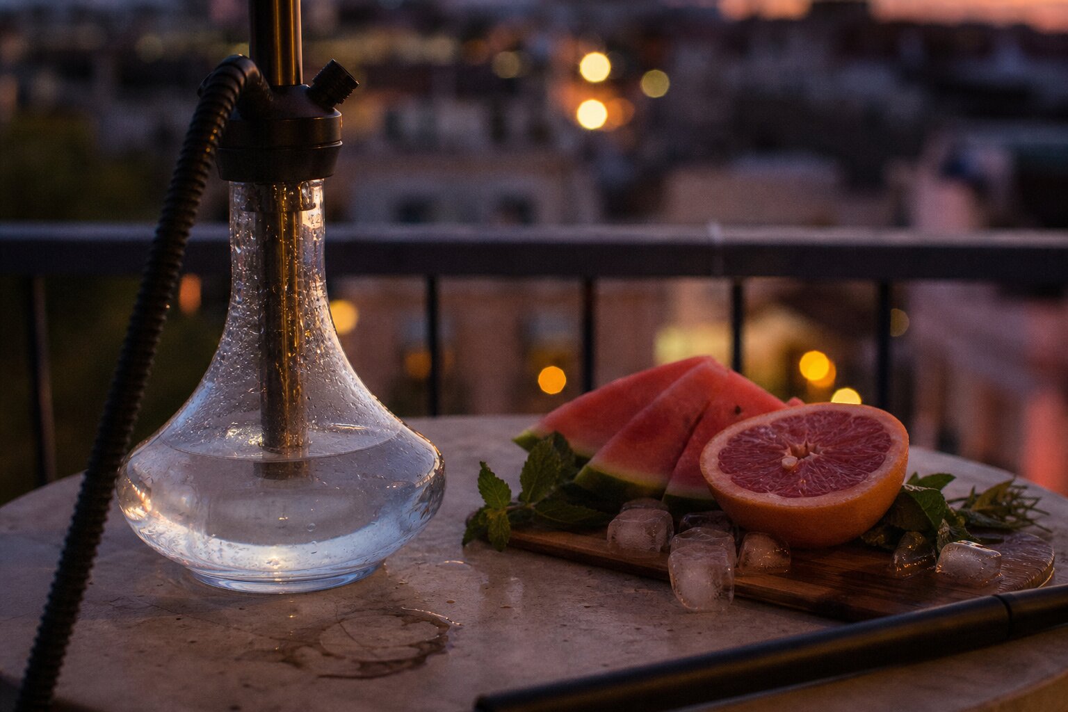 Shisha-Bowl mit Kondenswasser neben Wassermelone, Grapefruit, Minze und Eiswürfeln auf einem Balkontisch in der Abenddämmerung