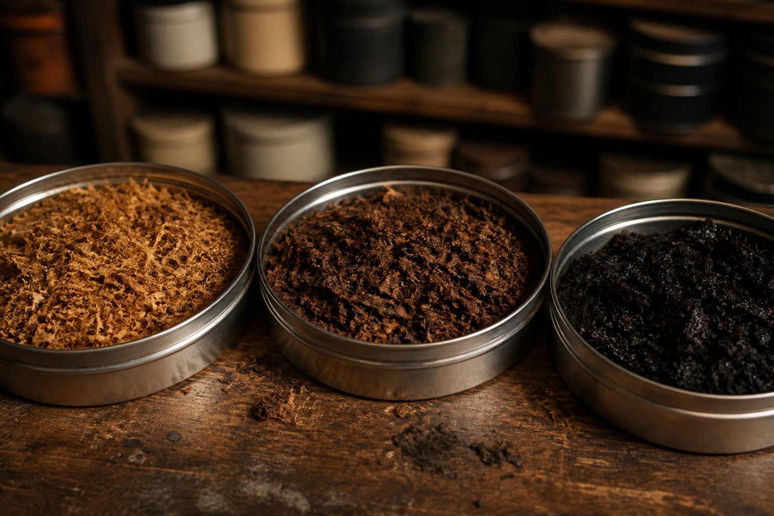 Drei offene Schalen mit hellem und dunklem Shishatabak auf Holz – Virginia, Burley und Dark Blend im Vergleich