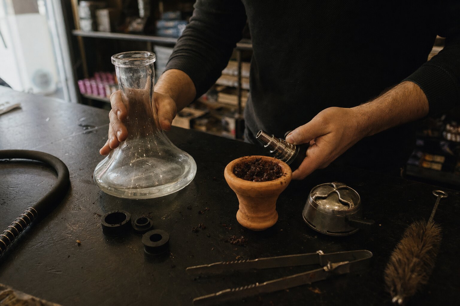 Hände bauen am dunklen Ladentresen eine Shisha auf: frisch gestopfter Tonkopf, Glasbowl, Kohlezange und Reinigungsbürste