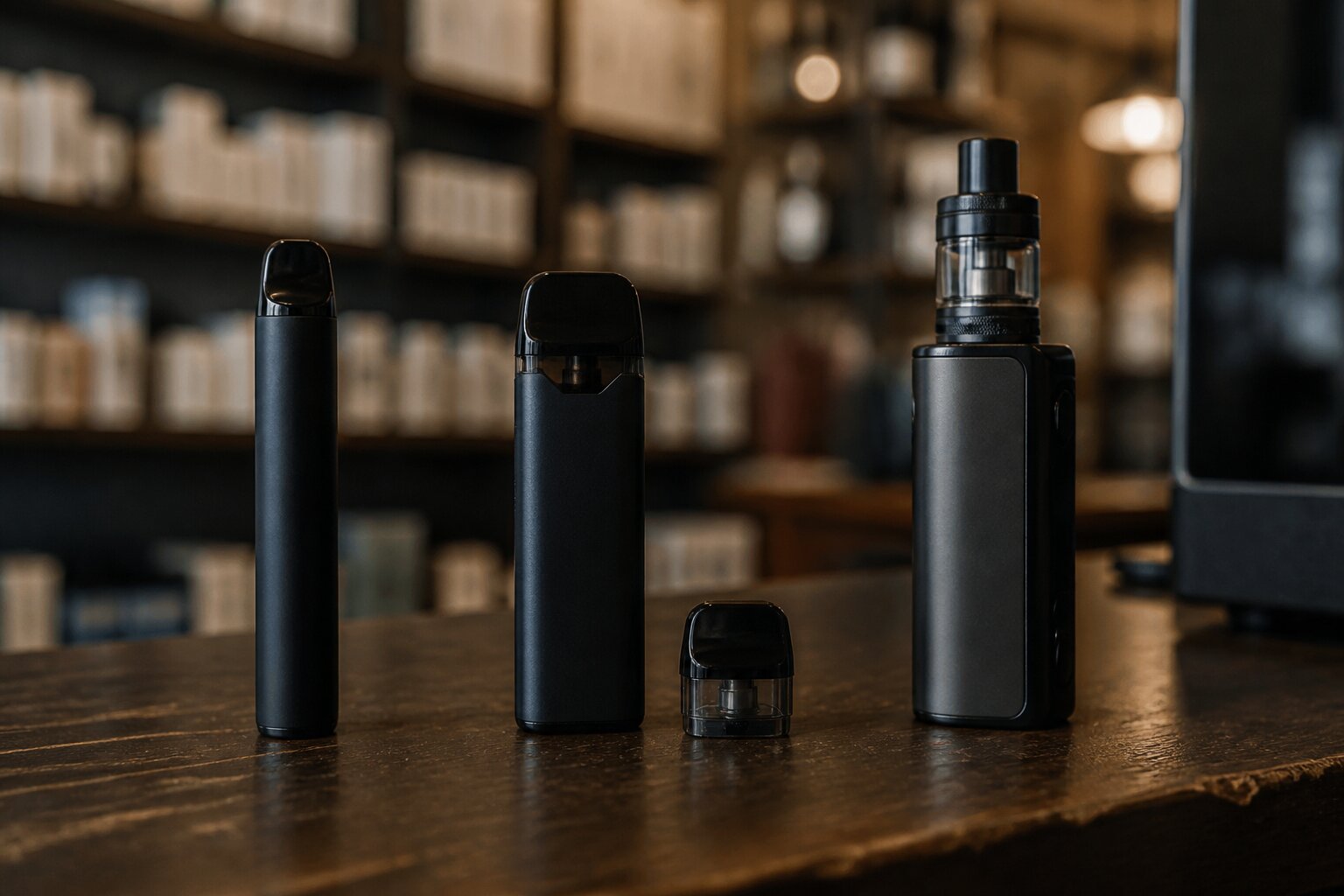 Wiederbefüllbares Pod-System mit Liquidflasche auf Holztisch – Mehrweg-Alternative zu Einweg-Vapes